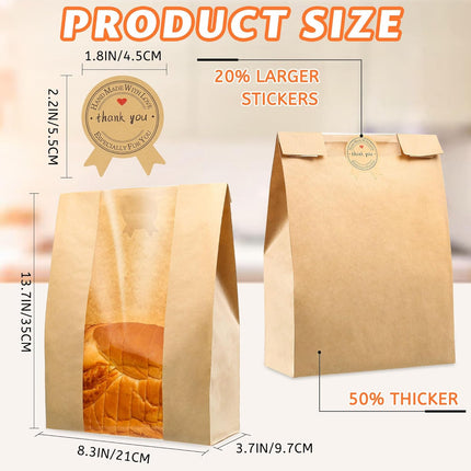 50 Pcs Bread Bags for Homemade Bread, Sourdough Paper With Window, 50% Thicker 13.7x8.2x3.7in A Large Bakery Used Storage Cookies & Snacks, 60 Cute Sealing Stickers Ties.