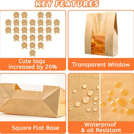 50 Pcs Bread Bags for Homemade Bread, Sourdough Paper With Window, 50% Thicker 13.7x8.2x3.7in A Large Bakery Used Storage Cookies & Snacks, 60 Cute Sealing Stickers Ties.