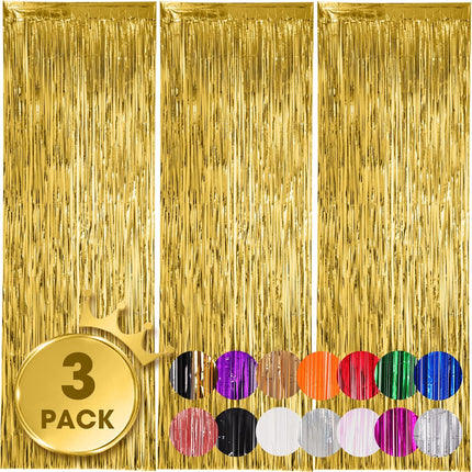 3 Pack 3.3x8.2 Feet Gold Foil Fringe Backdrop Curtains, Tinsel Streamers, for 2025 New Years Eve, Graduation, Birthday, Baby Shower, Gender Reveal, Disco Party 05.