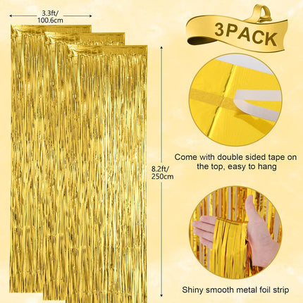 3 Pack 3.3x8.2 Feet Gold Foil Fringe Backdrop Curtains, Tinsel Streamers, for 2025 New Years Eve, Graduation, Birthday, Baby Shower, Gender Reveal, Disco Party 05.