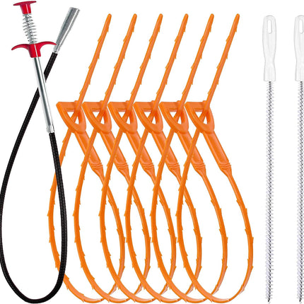 35.5-inch Drain Clog Remover (1 piece), 25-inch Snake Hair Remover (6 pieces) & Cleaning Brush (2 pieces), Catcher Auger Cleaner Tool Set For Toilet, Kitchen Sink, Bathroom Tub, Sewer, 9 Pack.