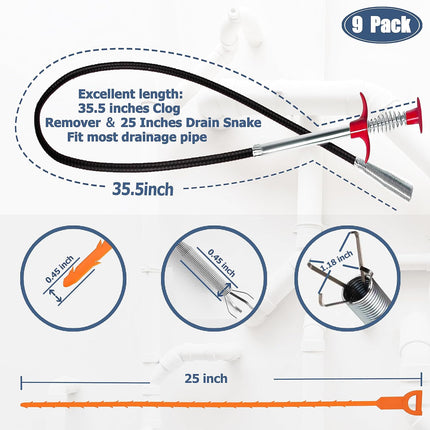 35.5-inch Drain Clog Remover (1 piece), 25-inch Snake Hair Remover (6 pieces) & Cleaning Brush (2 pieces), Catcher Auger Cleaner Tool Set For Toilet, Kitchen Sink, Bathroom Tub, Sewer, 9 Pack.