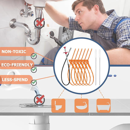 35.5-inch Drain Clog Remover (1 piece), 25-inch Snake Hair Remover (6 pieces) & Cleaning Brush (2 pieces), Catcher Auger Cleaner Tool Set For Toilet, Kitchen Sink, Bathroom Tub, Sewer, 9 Pack.