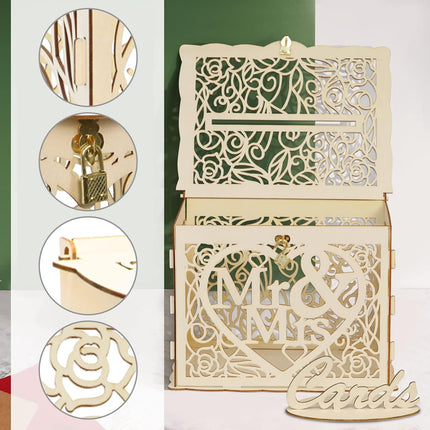 Petluno Latest design letterbox wedding gift vouchers box vintage large DIY wooden cards box money box with lock for birthday babyshower anniversary (Mr & Mrs, yellow) yellow.
