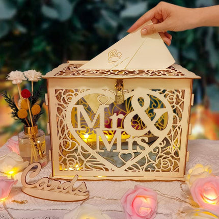 Petluno Latest design letterbox wedding gift vouchers box vintage large DIY wooden cards box money box with lock for birthday babyshower anniversary (Mr & Mrs, yellow) yellow.
