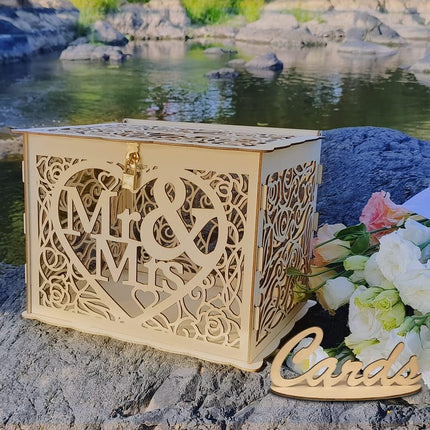 Petluno Latest design letterbox wedding gift vouchers box vintage large DIY wooden cards box money box with lock for birthday babyshower anniversary (Mr & Mrs, yellow) yellow.