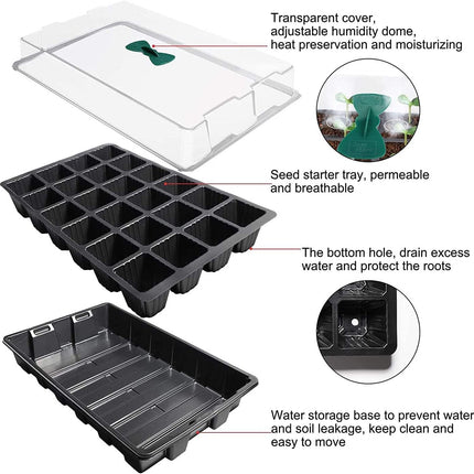 Petluno 4-piece seedling trays, 24-cell plastic seedling propagation trays, flower seed growing containers with adjustable ventilation openings for greenhouse, garden, home (with lids and bases).