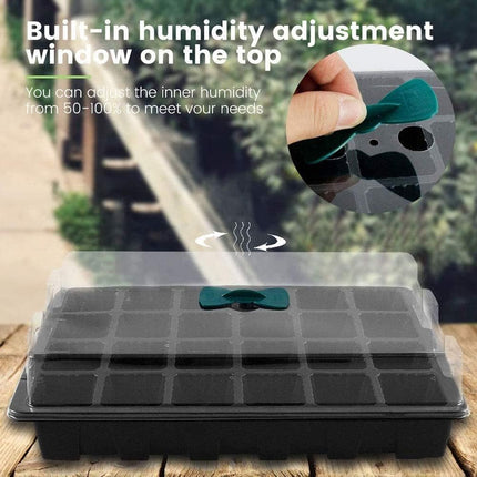 Petluno 4-piece seedling trays, 24-cell plastic seedling propagation trays, flower seed growing containers with adjustable ventilation openings for greenhouse, garden, home (with lids and bases).