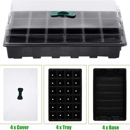 Petluno 4-piece seedling trays, 24-cell plastic seedling propagation trays, flower seed growing containers with adjustable ventilation openings for greenhouse, garden, home (with lids and bases).