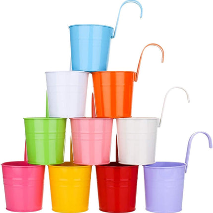 Petluno Metal Hanging Flower Pots, 10 pieces, cm, Flower Bucket with Removable Hook for Balcony, Fence, Garden, Home Decoration (10 Colours).