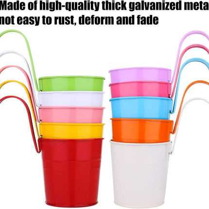 Petluno Metal Hanging Flower Pots, 10 pieces, cm, Flower Bucket with Removable Hook for Balcony, Fence, Garden, Home Decoration (10 Colours).