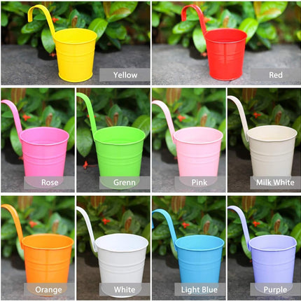 Petluno Metal Hanging Flower Pots, 10 pieces, cm, Flower Bucket with Removable Hook for Balcony, Fence, Garden, Home Decoration (10 Colours).
