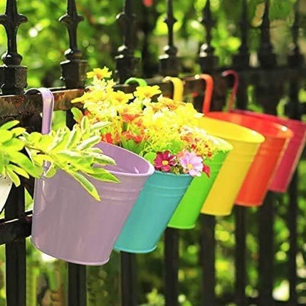 Petluno Metal Hanging Flower Pots, 10 pieces, cm, Flower Bucket with Removable Hook for Balcony, Fence, Garden, Home Decoration (10 Colours).