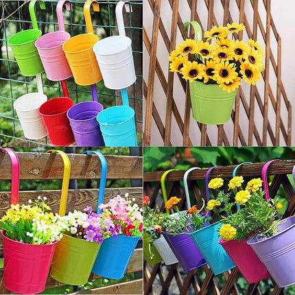 Petluno Metal Hanging Flower Pots, 10 pieces, cm, Flower Bucket with Removable Hook for Balcony, Fence, Garden, Home Decoration (10 Colours).