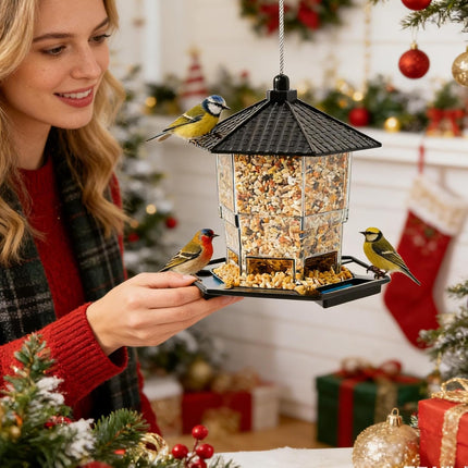 Bird Feeder Houses | Hanging and Refillable Feeding Station Squirrel-Proof Window Bird Feeder Including Landing Perch for Outdoor Garden Birds Wildlife Black.