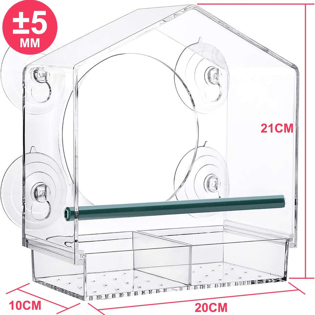 Strong suction window bird feeder, large capacity window bird feeder with removable seed tray and drainage holes for bird food, suitable for Dunnock, Blue Tit, Robin and small wild birds, 21 cm x 20 cm x 10 cm.