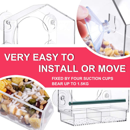 Strong suction window bird feeder, large capacity window bird feeder with removable seed tray and drainage holes for bird food, suitable for Dunnock, Blue Tit, Robin and small wild birds, 21 cm x 20 cm x 10 cm.