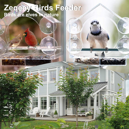 Strong suction window bird feeder, large capacity window bird feeder with removable seed tray and drainage holes for bird food, suitable for Dunnock, Blue Tit, Robin and small wild birds, 21 cm x 20 cm x 10 cm.