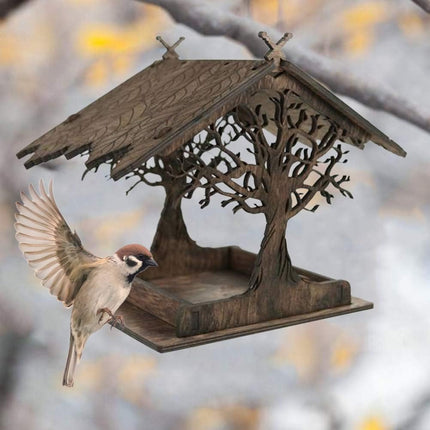 Vogelhuisje, wooden birdhouse, feeding stations, creative bird feeders, hanging bird food dispenser, wild birds, home, garden, courtyard, tree, decoration.