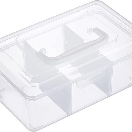Petluno Clear Stackable Storage Box with Divider Tray, Plastic 3-Compartment Multi-functional Container for Nail Polish, Toys, Crafts, Stationery, Sewing, Fishing Gear Transparent Small.