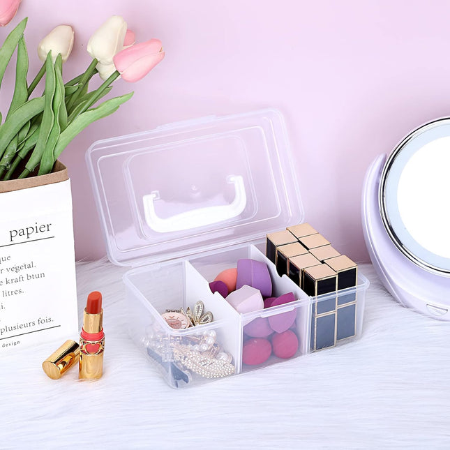 Petluno Clear Stackable Storage Box with Divider Tray, Plastic 3-Compartment Multi-functional Container for Nail Polish, Toys, Crafts, Stationery, Sewing, Fishing Gear Transparent Small.