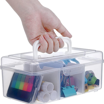 Petluno Clear Stackable Storage Box with Divider Tray, Plastic 3-Compartment Multi-functional Container for Nail Polish, Toys, Crafts, Stationery, Sewing, Fishing Gear Transparent Small.