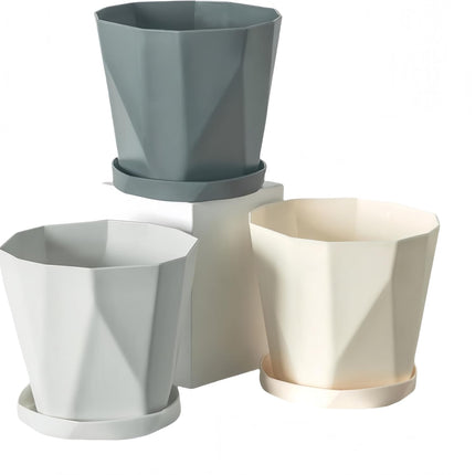 Flower pot, set of 3 flower pots, diameter 13 cm, with plastic saucer, round plant pot, weather-resistant, large flower pots A.