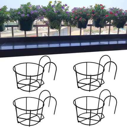 4-pack round hanging railing planters, flower pot holders, metal pot plant baskets, shelf containers for indoor and outdoor use (Black).