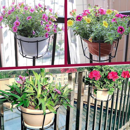 4-pack round hanging railing planters, flower pot holders, metal pot plant baskets, shelf containers for indoor and outdoor use (Black).
