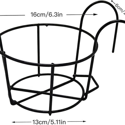 4-pack round hanging railing planters, flower pot holders, metal pot plant baskets, shelf containers for indoor and outdoor use (Black).