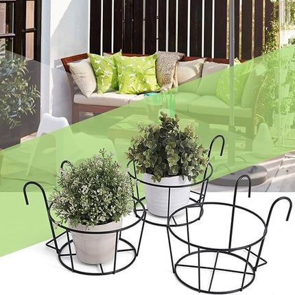 4-pack round hanging railing planters, flower pot holders, metal pot plant baskets, shelf containers for indoor and outdoor use (Black).