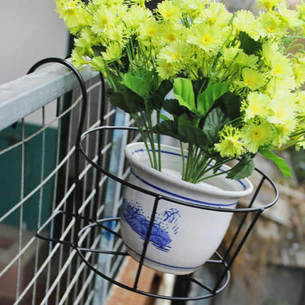 4-pack round hanging railing planters, flower pot holders, metal pot plant baskets, shelf containers for indoor and outdoor use (Black).