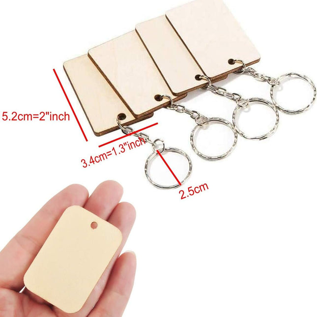 Petluno 100 x Rectangle Unfinished Wooden Planks Pieces of Wood with Holes and Keyrings for Crafting, Labels Pyrography, Wedding Gift, Christmas Decorations, Party Favors Gift.