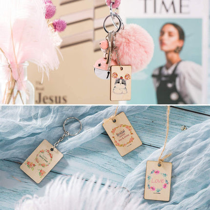 Petluno 100 x Rectangle Unfinished Wooden Planks Pieces of Wood with Holes and Keyrings for Crafting, Labels Pyrography, Wedding Gift, Christmas Decorations, Party Favors Gift.