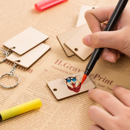 Petluno 100 x Rectangle Unfinished Wooden Planks Pieces of Wood with Holes and Keyrings for Crafting, Labels Pyrography, Wedding Gift, Christmas Decorations, Party Favors Gift.