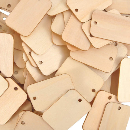Petluno 100 x Rectangle Unfinished Wooden Planks Pieces of Wood with Holes and Keyrings for Crafting, Labels Pyrography, Wedding Gift, Christmas Decorations, Party Favors Gift.