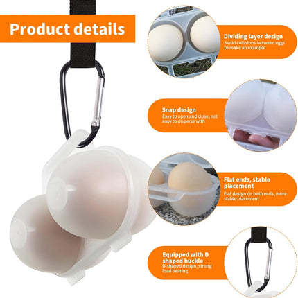 3 pieces egg holders for 2 eggs, egg box, portable egg case with carabiner, egg holder, plastic, transparent, refrigerator, kitchen, outdoor, picnic, camping.
