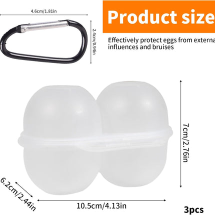 3 pieces egg holders for 2 eggs, egg box, portable egg case with carabiner, egg holder, plastic, transparent, refrigerator, kitchen, outdoor, picnic, camping.