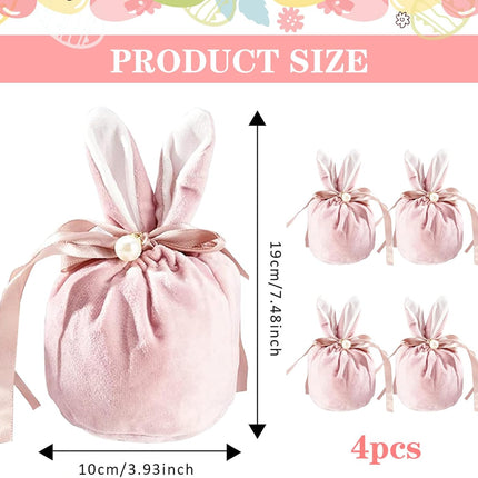 Easter bags with drawstring, 4 pieces of velvet Easter bags, ear-shaped Easter bags, for filling, for candy, cookies, snacks pink.