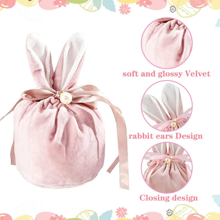 Easter bags with drawstring, 4 pieces of velvet Easter bags, ear-shaped Easter bags, for filling, for candy, cookies, snacks pink.