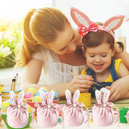 Easter bags with drawstring, 4 pieces of velvet Easter bags, ear-shaped Easter bags, for filling, for candy, cookies, snacks pink.
