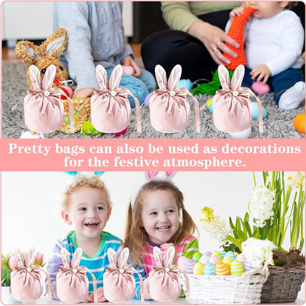 Easter bags with drawstring, 4 pieces of velvet Easter bags, ear-shaped Easter bags, for filling, for candy, cookies, snacks pink.