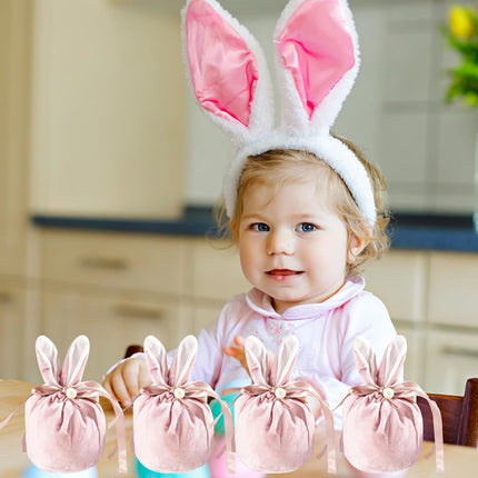 Easter bags with drawstring, 4 pieces of velvet Easter bags, ear-shaped Easter bags, for filling, for candy, cookies, snacks pink.