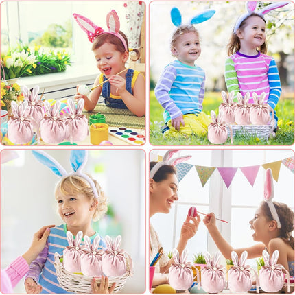 Easter bags with drawstring, 4 pieces of velvet Easter bags, ear-shaped Easter bags, for filling, for candy, cookies, snacks pink.