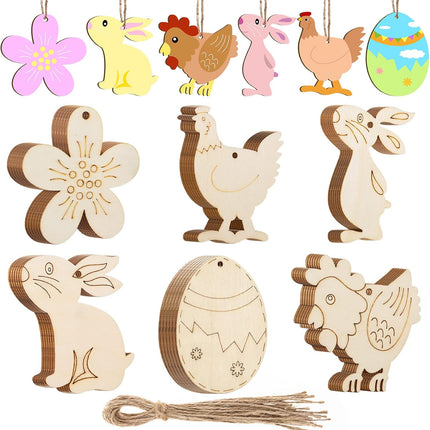 36 wooden Easter hangers, wooden Easter decorations to paint, Easter ornaments, wood, hanging ornaments, with jute string, Easter eggs, rabbit, chicks.