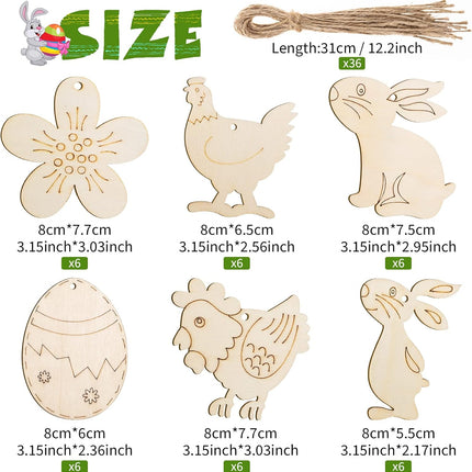 36 wooden Easter hangers, wooden Easter decorations to paint, Easter ornaments, wood, hanging ornaments, with jute string, Easter eggs, rabbit, chicks.