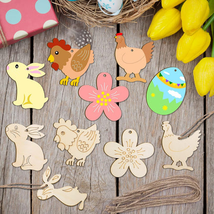 36 wooden Easter hangers, wooden Easter decorations to paint, Easter ornaments, wood, hanging ornaments, with jute string, Easter eggs, rabbit, chicks.