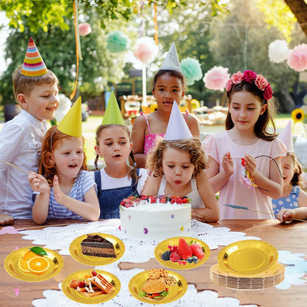 Party plates, dessert plates, 50 pieces, gold foil, plate set, 18 cm, party tableware, set, gold paper plates, birthday, party, tableware.