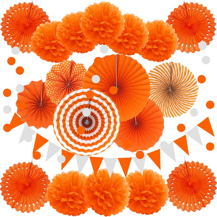 Petluno Party Decorations, orange 21 hanging paper fans, pom-pom flowers, streamers string polka dot and triangular flags Orange.