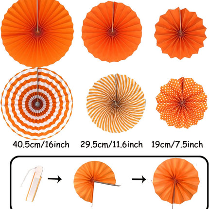 Petluno Party Decorations, orange 21 hanging paper fans, pom-pom flowers, streamers string polka dot and triangular flags Orange.